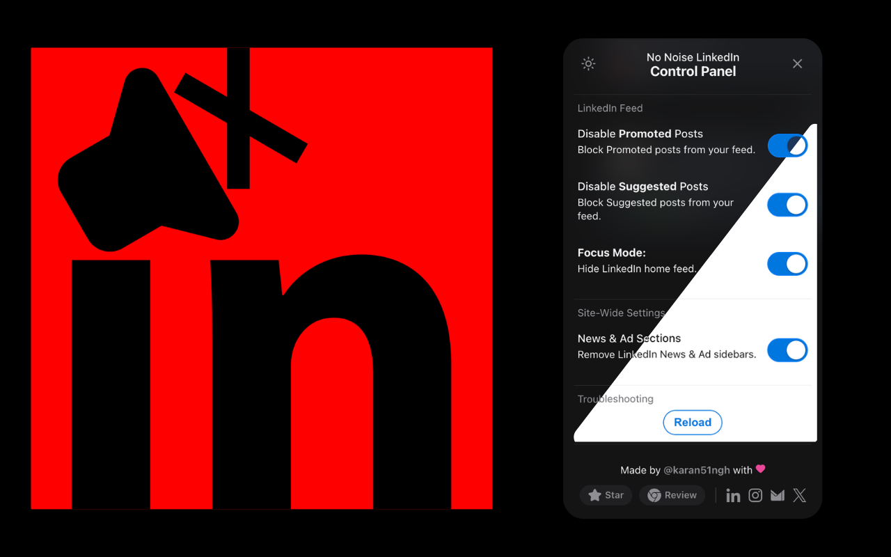 No Noise LinkedIn browser extension control panel