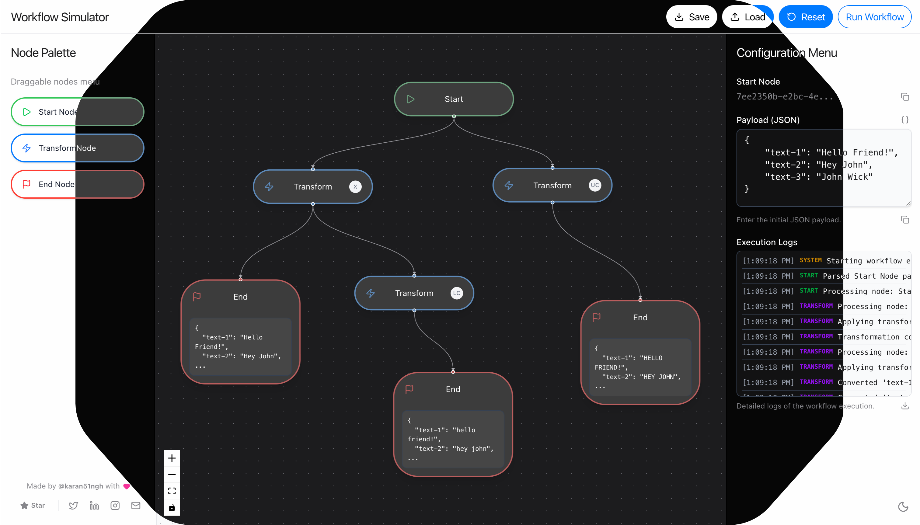 Vue Workflow Simulator displaying a branching node workflow